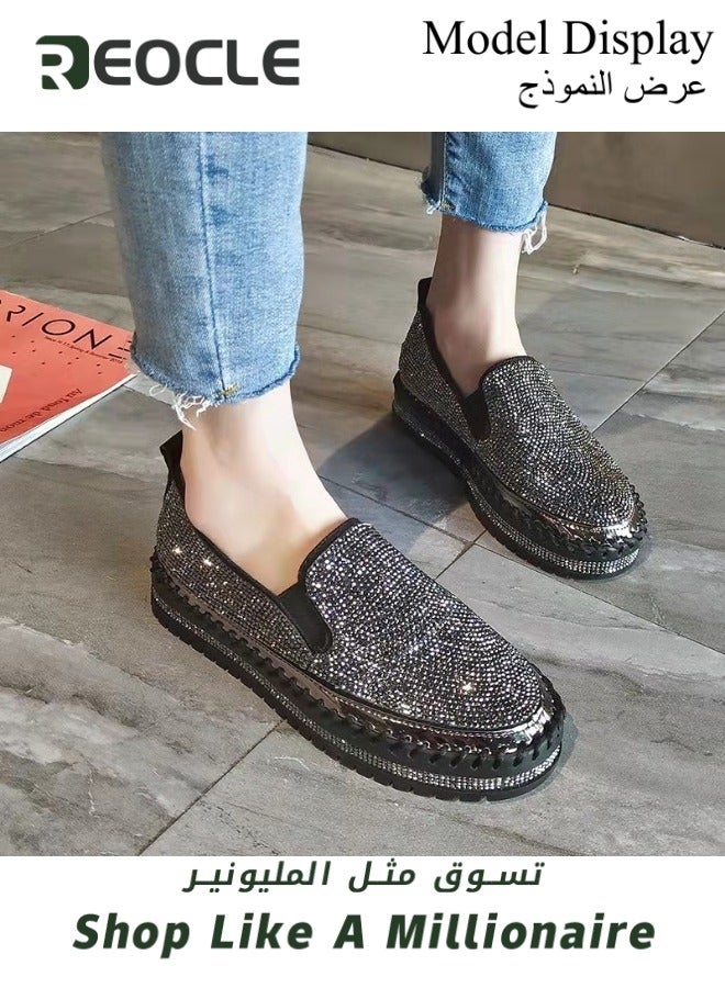 Women's Flats Shoes Rhinestone thick-soled slip-ons Sneakers Casual Comfort Platform Walking Shoes Cute Bowknot Glitter Bling Loafers