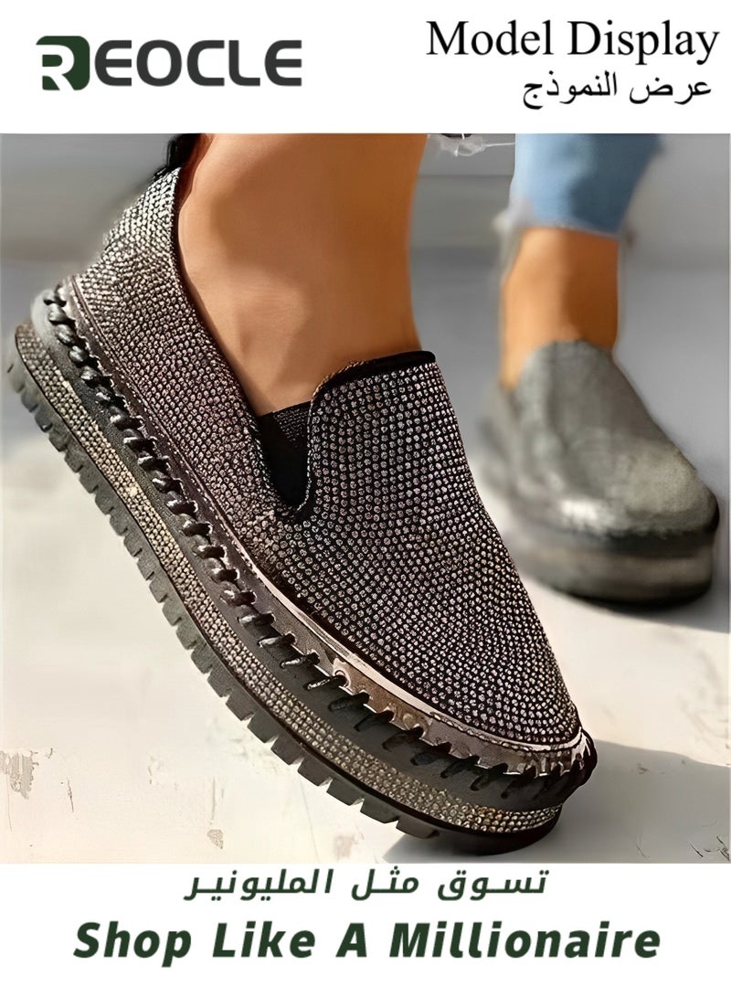 Women's Flats Shoes Rhinestone thick-soled slip-ons Sneakers Casual Comfort Platform Walking Shoes Cute Bowknot Glitter Bling Loafers