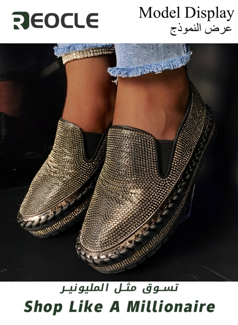 Women's Flats Shoes Rhinestone thick-soled slip-ons Sneakers Casual Comfort Platform Walking Shoes Cute Bowknot Glitter Bling Loafers