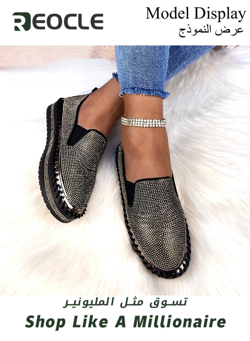 Women's Flats Shoes Rhinestone thick-soled slip-ons Sneakers Casual Comfort Platform Walking Shoes Cute Bowknot Glitter Bling Loafers