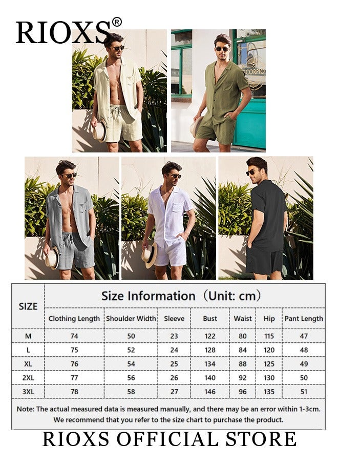 Men's Summer Solid Color Linen Shirt Set Casual Button Down T-shirt and Loose Short for Men for Beach Party Vacation