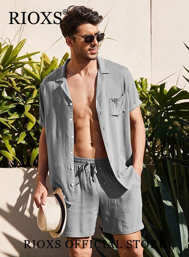 Men's Summer Solid Color Linen Shirt Set Casual Button Down T-shirt and Loose Short for Men for Beach Party Vacation