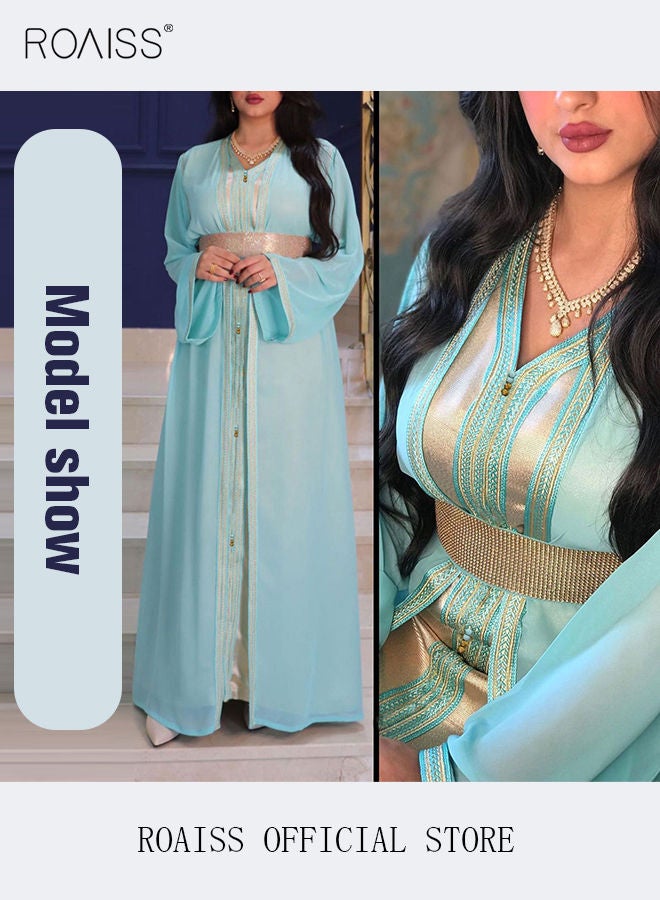 Women's Two-piece Long Skirt with Belt Ethnic Style Dress V Neck Luxury Maxi Dresses Modern Stylish Abaya Middle East Arabic Dress Women's Clothing Blue/White