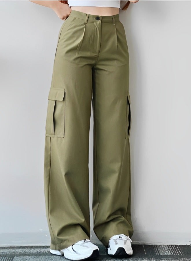 Women's Cargo Pants High Waist Stretch Pant Casual Pants Relaxed Fit Straight Wide Leg Pants with Multi Pockets