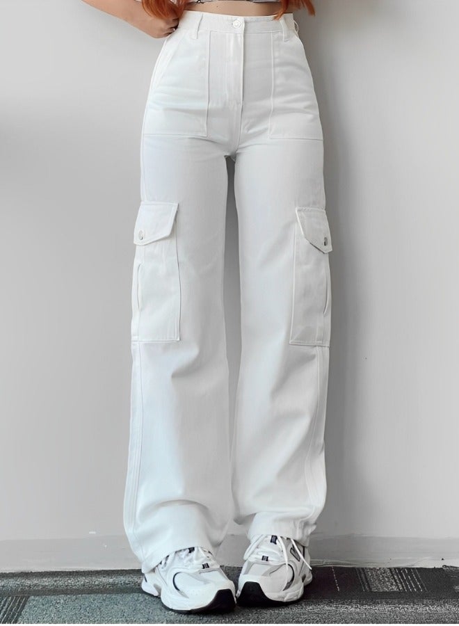 Women's Cargo Pants High Waist Stretch Pant Casual Pants Relaxed Fit Straight Wide Leg Pants with Multi Pockets