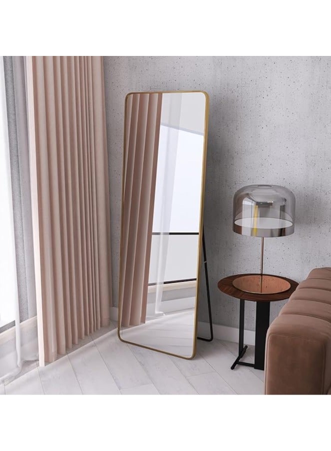 Full-Length Mirror Round Corner Aluminum Alloy Frame Floor Full Body Large Mirror, Leaning Against Wall or Stand Up for Living Room or Bedroom, Gold 65 x 180cm