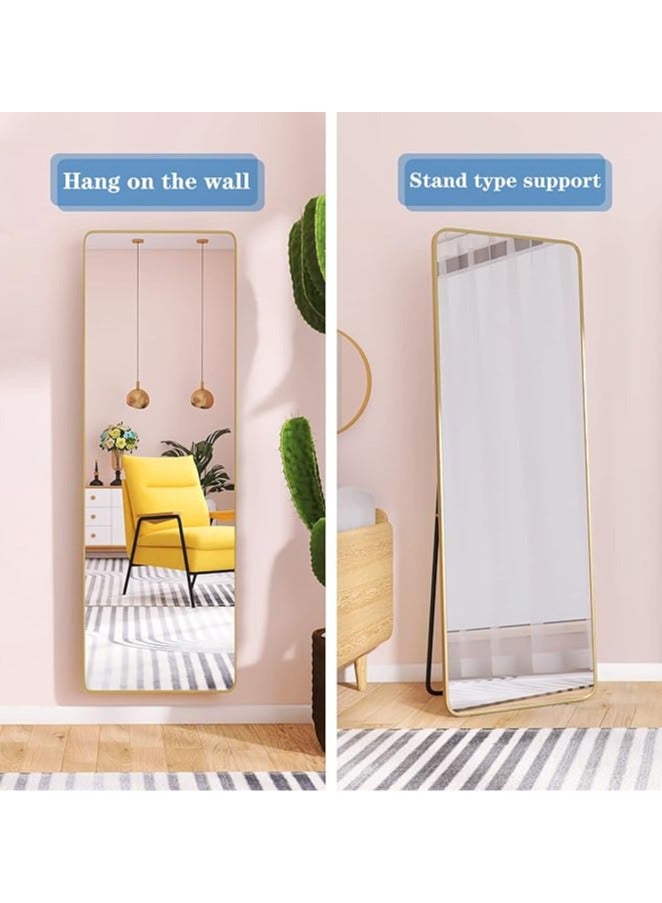 Full-Length Mirror Round Corner Aluminum Alloy Frame Floor Full Body Large Mirror, Leaning Against Wall or Stand Up for Living Room or Bedroom, Gold 65 x 180cm