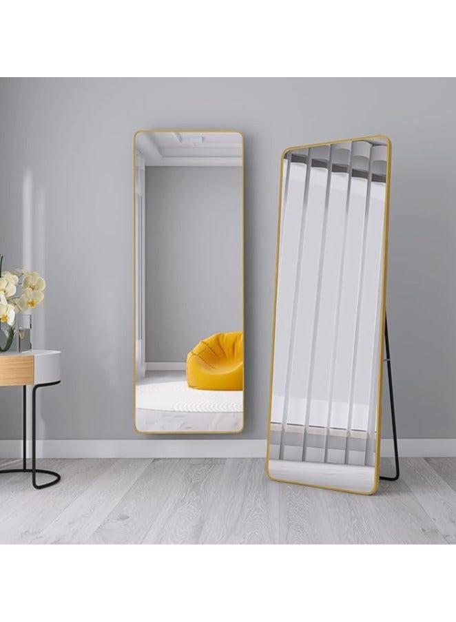 Full-Length Mirror Round Corner Aluminum Alloy Frame Floor Full Body Large Mirror, Leaning Against Wall or Stand Up for Living Room or Bedroom, Gold 65 x 180cm