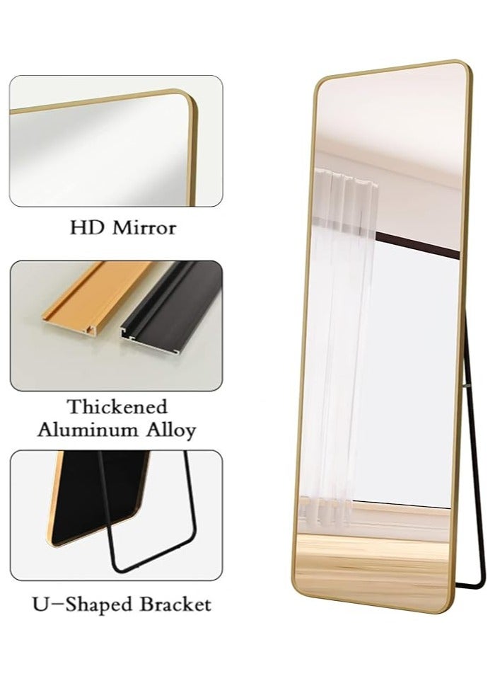 Full-Length Mirror Round Corner Aluminum Alloy Frame Floor Full Body Large Mirror, Leaning Against Wall or Stand Up for Living Room or Bedroom, Gold 65 x 180cm