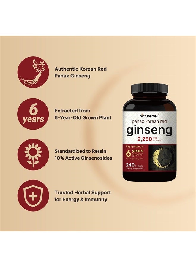 Korean Red Ginseng 2,250mg Per Serving, 240* Softgels | Panax Ginseng Root, Standardized to 10% Ginsenosides, Non-GMO, Support Energy, Male Performance, & Immune System