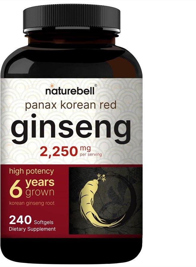 Korean Red Ginseng 2,250mg Per Serving, 240* Softgels | Panax Ginseng Root, Standardized to 10% Ginsenosides, Non-GMO, Support Energy, Male Performance, & Immune System