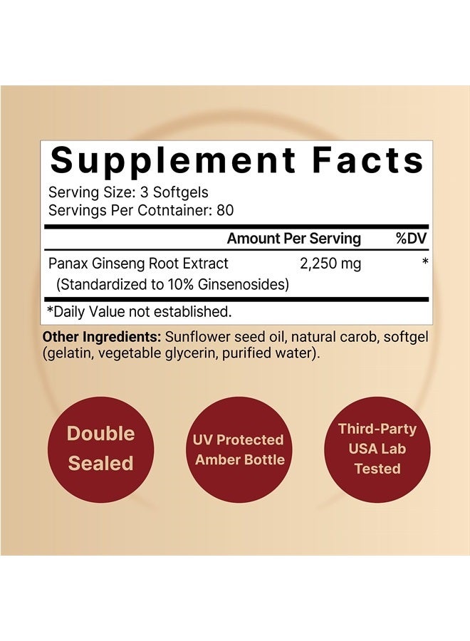 Korean Red Ginseng 2,250mg Per Serving, 240* Softgels | Panax Ginseng Root, Standardized to 10% Ginsenosides, Non-GMO, Support Energy, Male Performance, & Immune System