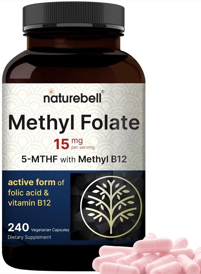 L Methylfolate 15mg, 240 Veggie Capsules | 5-MTHF with Methyl B12 1,000mcg | High Potency Dual Action for Energy & Cognitive Support, Active Folic Acid – Methyl Folate Supplement