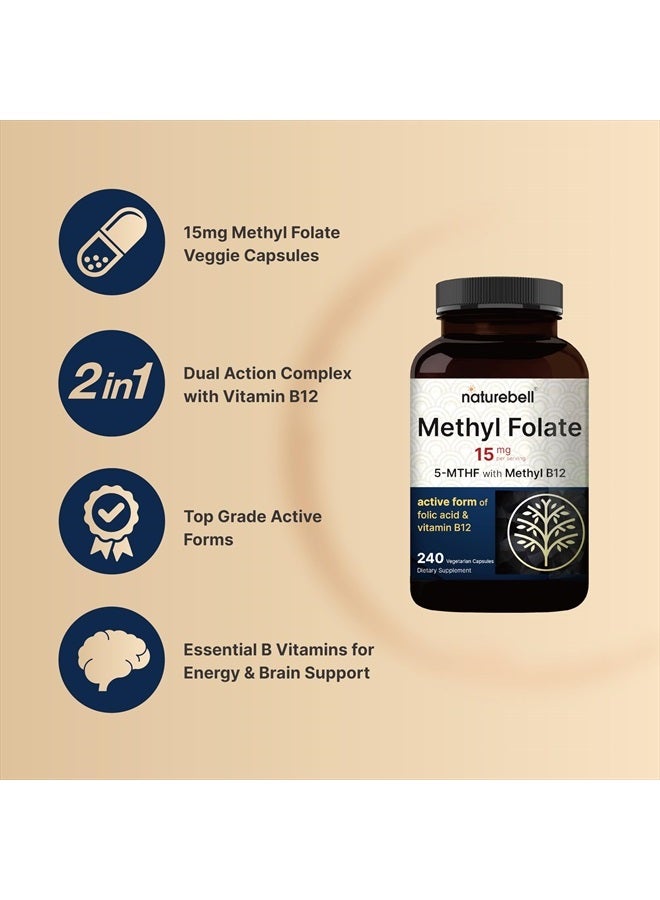 L Methylfolate 15mg, 240 Veggie Capsules | 5-MTHF with Methyl B12 1,000mcg | High Potency Dual Action for Energy & Cognitive Support, Active Folic Acid – Methyl Folate Supplement