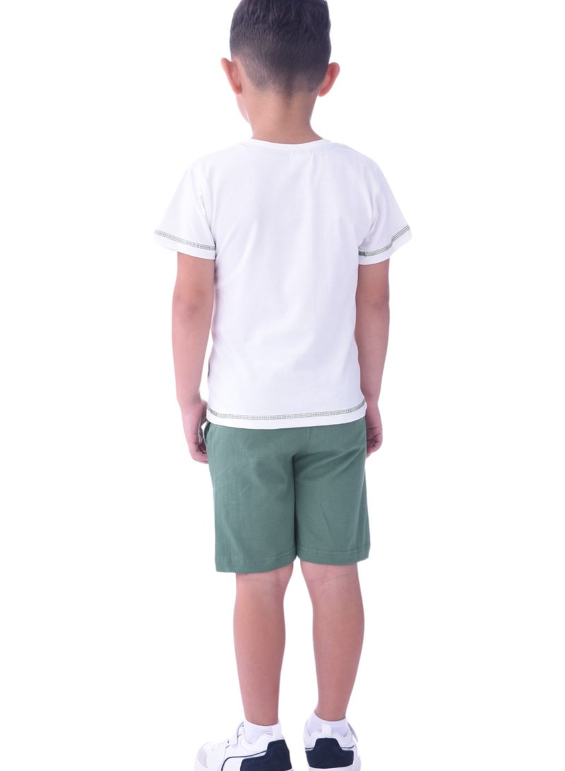 Kids Boys 2-piece Set - T-shirt & Shorts-Ivory and Green