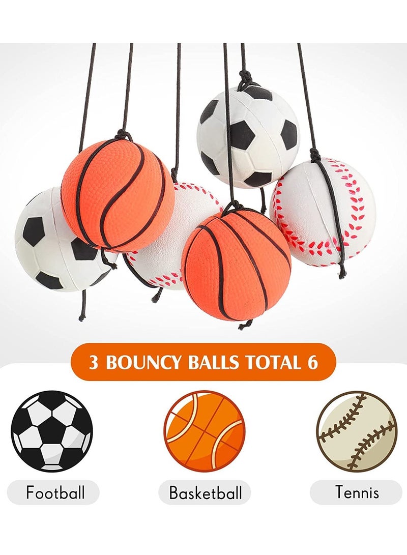6 Pieces Sports Wrist Ball Set with Basketball, Baseball, and Football on a String - Rubber Rebound Balls for Kids' Parties, Exercise, and Playtime Fun