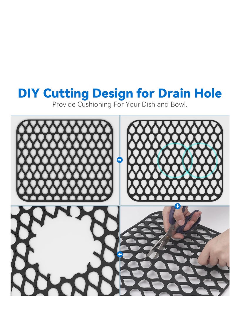 Silicone Sink Mat, 2 PCS Sink Protectors for Kitchen Sink, Kitchen Sink Mat, Grid Non-Slip Folding Sink Pad for Bottom, Stainless Steel Porcelain Sink Pad, Black