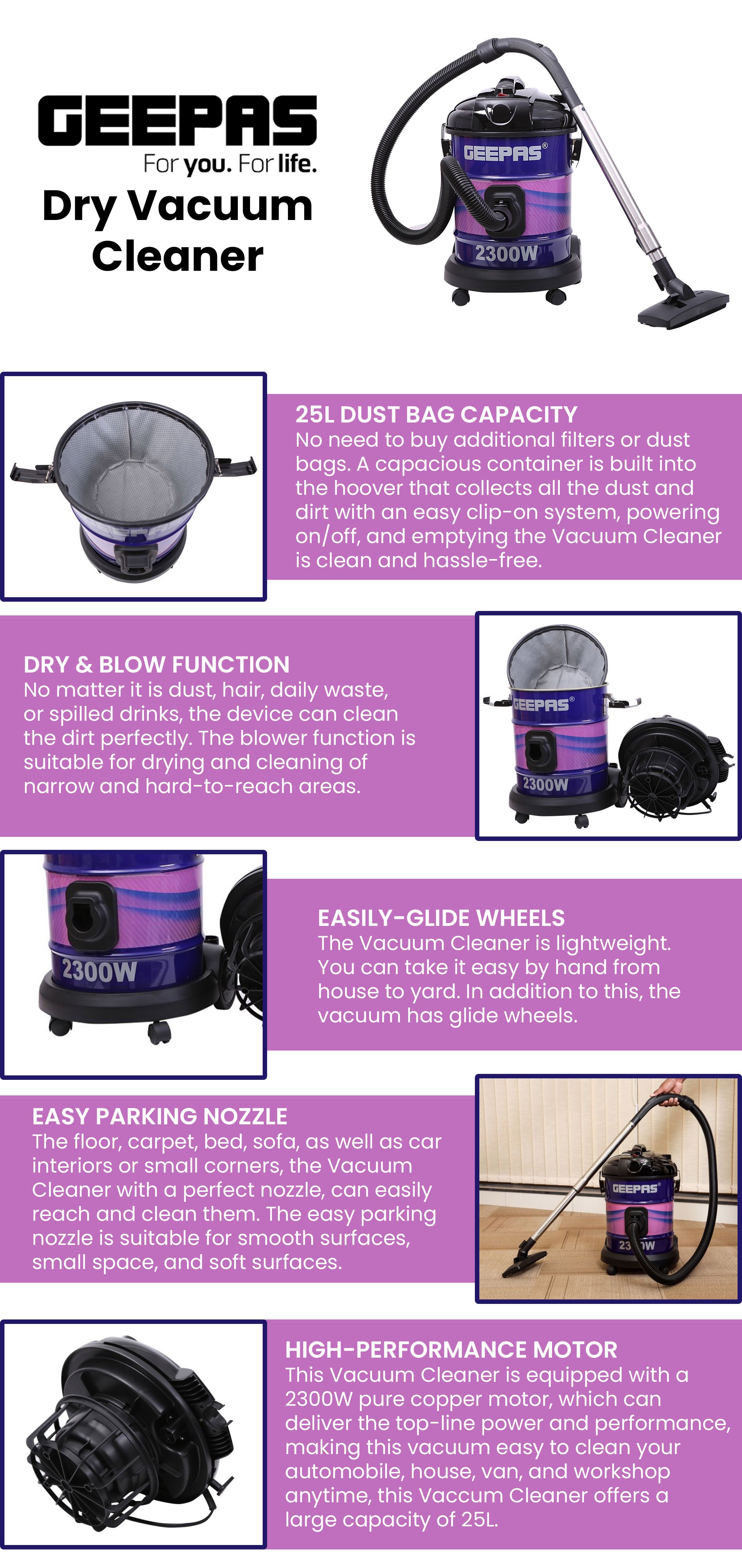 2-in-1 Blow and Dry Vacuum Cleaner - Portable Powerful Copper Motor | Comfortable Handle with Adjustable Suction Power | 21L Capacity - Dust Full Indicator 25 L 2300 W GVC2588 Purple/Pink/Silver