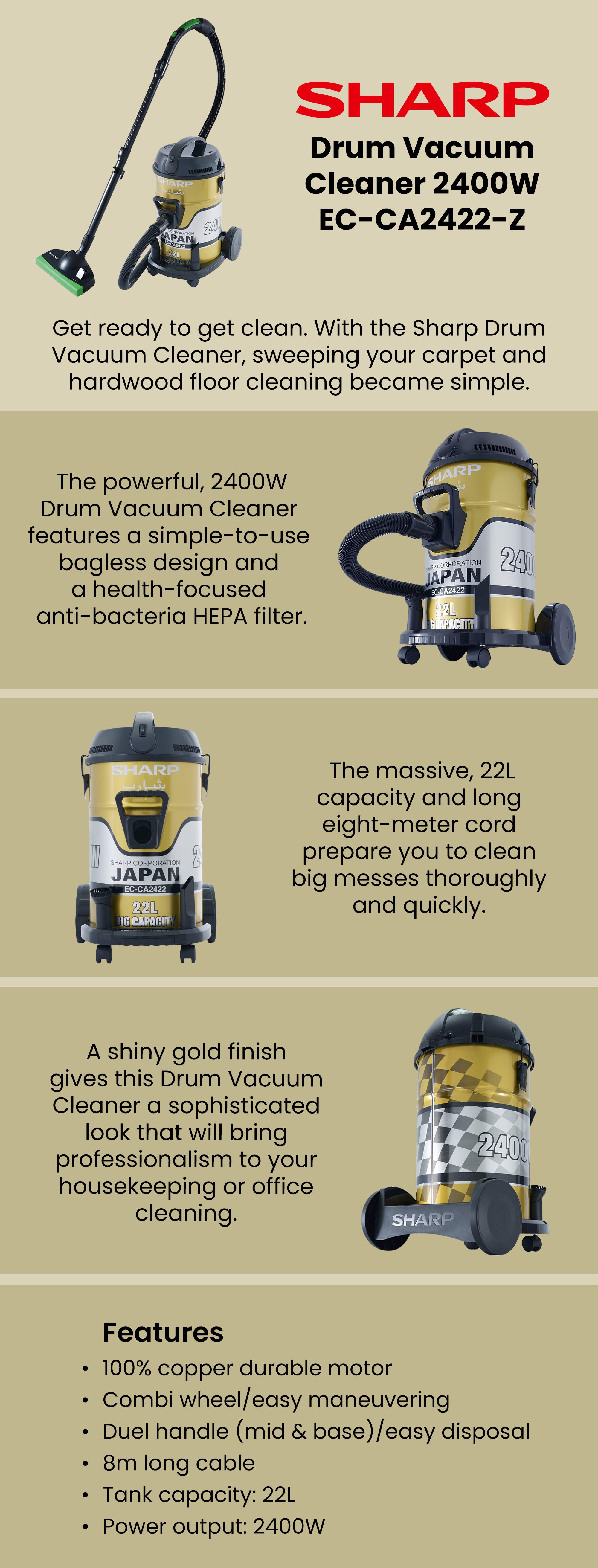 Drum Vacuum Cleaner 22 L 2400 W EC-CA2422-Z Gold/Black/White