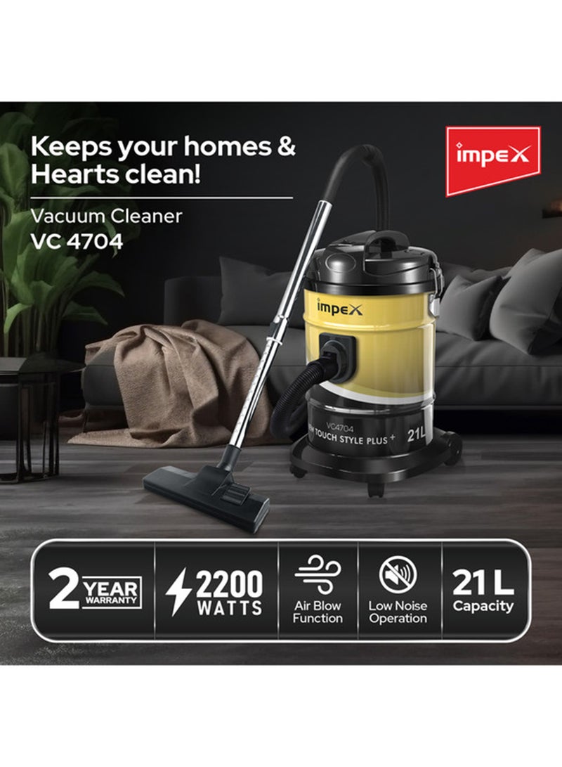 Drum Type Vacuum Cleaner  21 Liters Dust Tank Capacity With 5 Meter Power Code, Dust Level Indication, Low Noise Level, Convenient Carrying Handle, Best for Home Office And Mosque 21 L 2200 W VC 4704 Red/Silver/Black