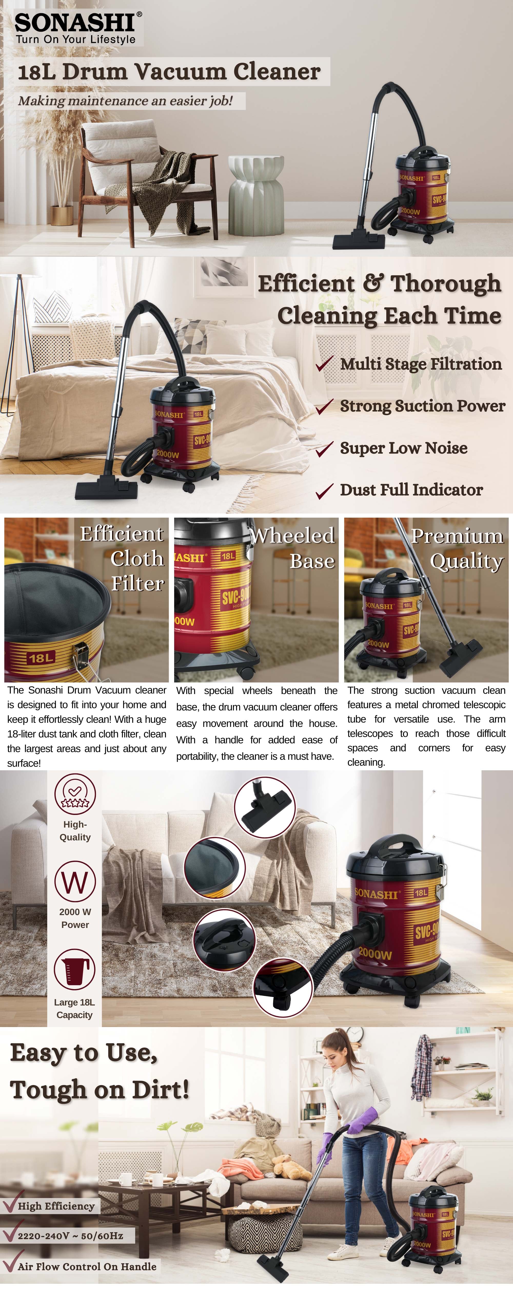 18L Drum Vacuum Cleaner with Multi Filtration System | Big Dust Capacity with Strong Suction and Super Low Noise | Easy Moveable with Wheels | Dust Full Indicator 2000 W SVC-9007DN Red/Black