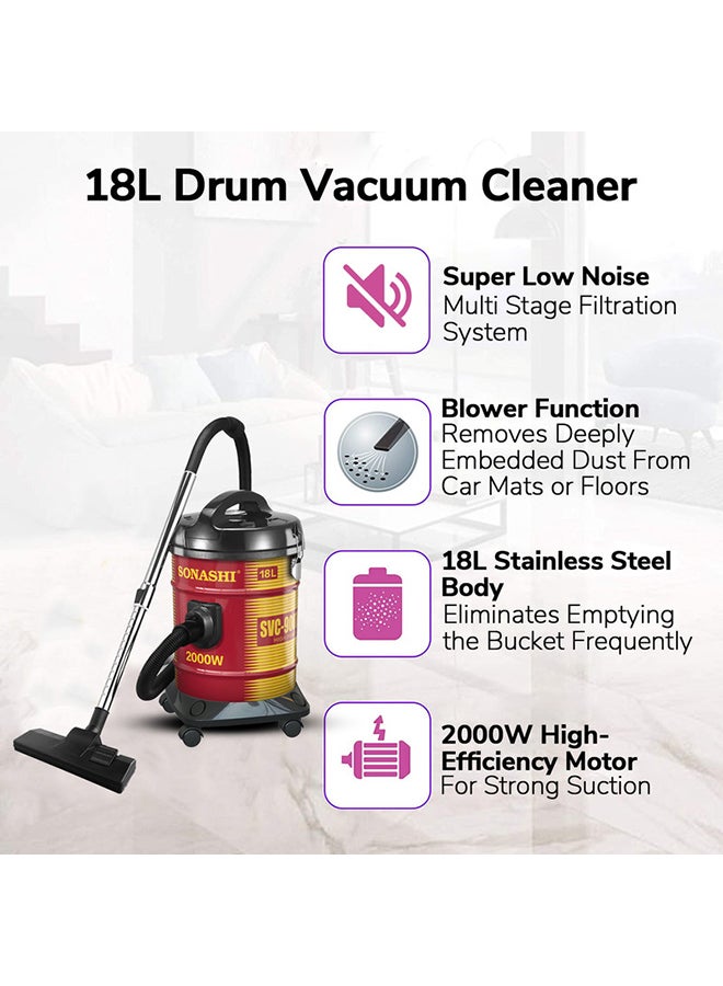 18L Drum Vacuum Cleaner with Multi Filtration System | Big Dust Capacity with Strong Suction and Super Low Noise | Easy Moveable with Wheels | Dust Full Indicator 2000 W SVC-9007DN Red/Black