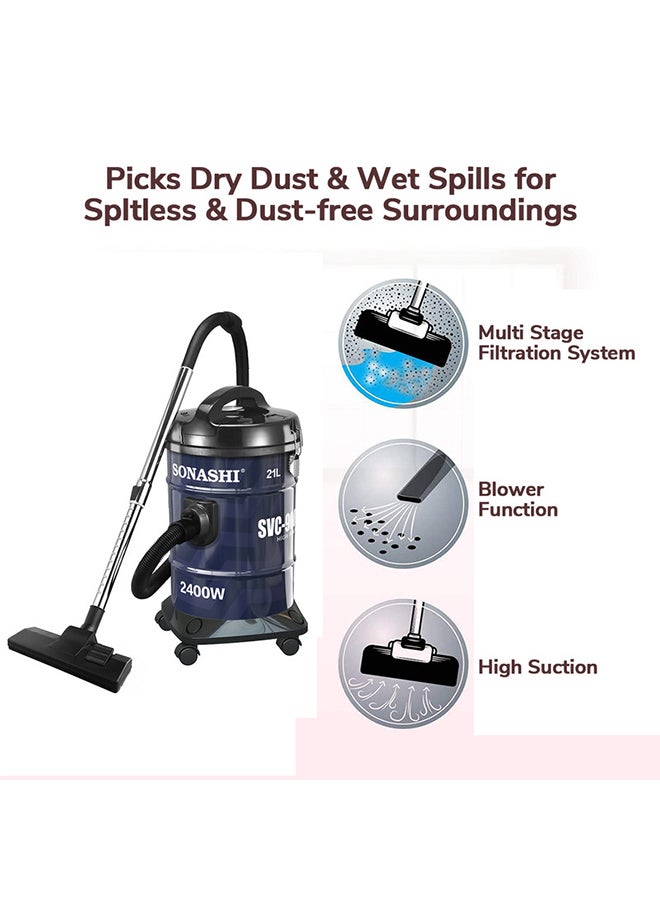 21 Liter Drum Vacuum Cleaner | Large Capacity of 21 Litres with Dust Full Indicator, Blow Function | Multi-Stage Filtration with Strong Suction Power | Vacuum Cleaner 2400 W SVC-9008DN Blue/Black