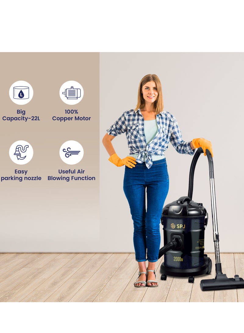 SPJ Vacuum Cleaner, 2000W Drum Vacuum Cleaner, 25L Capacity, 100% Copper Motor, Dust Full Indicator, Solid And Durable Iron Tank, Easy Parking Nozzle, Home & Office, BLACK, DVCW-BL25L02