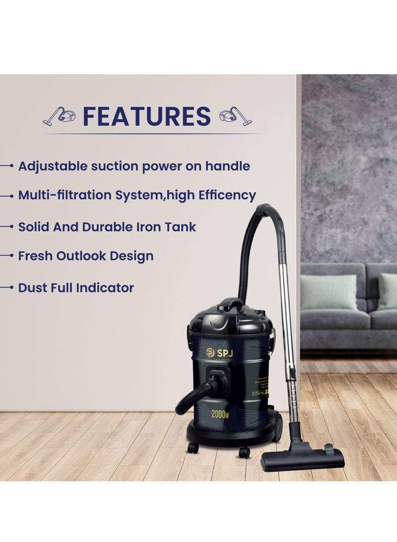 SPJ Vacuum Cleaner, 2000W Drum Vacuum Cleaner, 25L Capacity, 100% Copper Motor, Dust Full Indicator, Solid And Durable Iron Tank, Easy Parking Nozzle, Home & Office, BLACK, DVCW-BL25L02