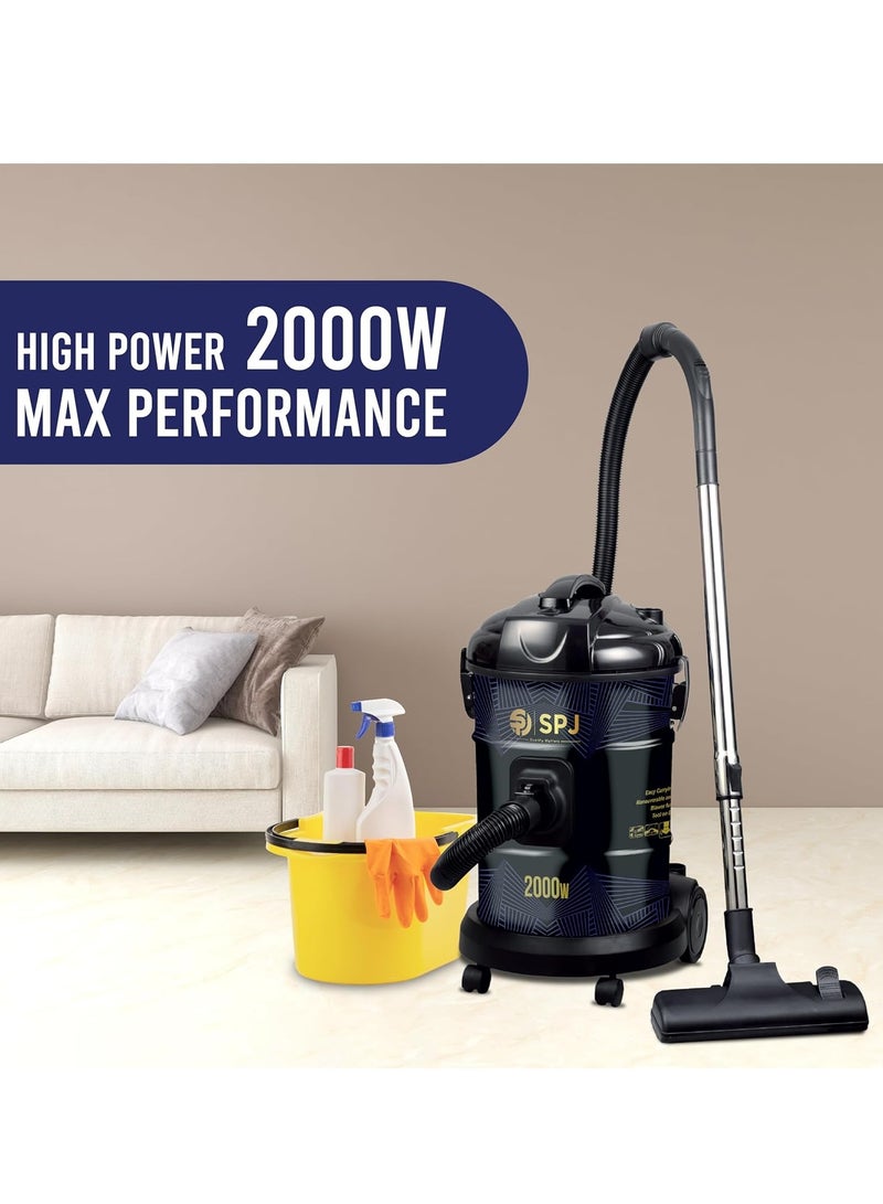 SPJ Vacuum Cleaner, 2000W Drum Vacuum Cleaner, 25L Capacity, 100% Copper Motor, Dust Full Indicator, Solid And Durable Iron Tank, Easy Parking Nozzle, Home & Office, BLACK, DVCW-BL25L02