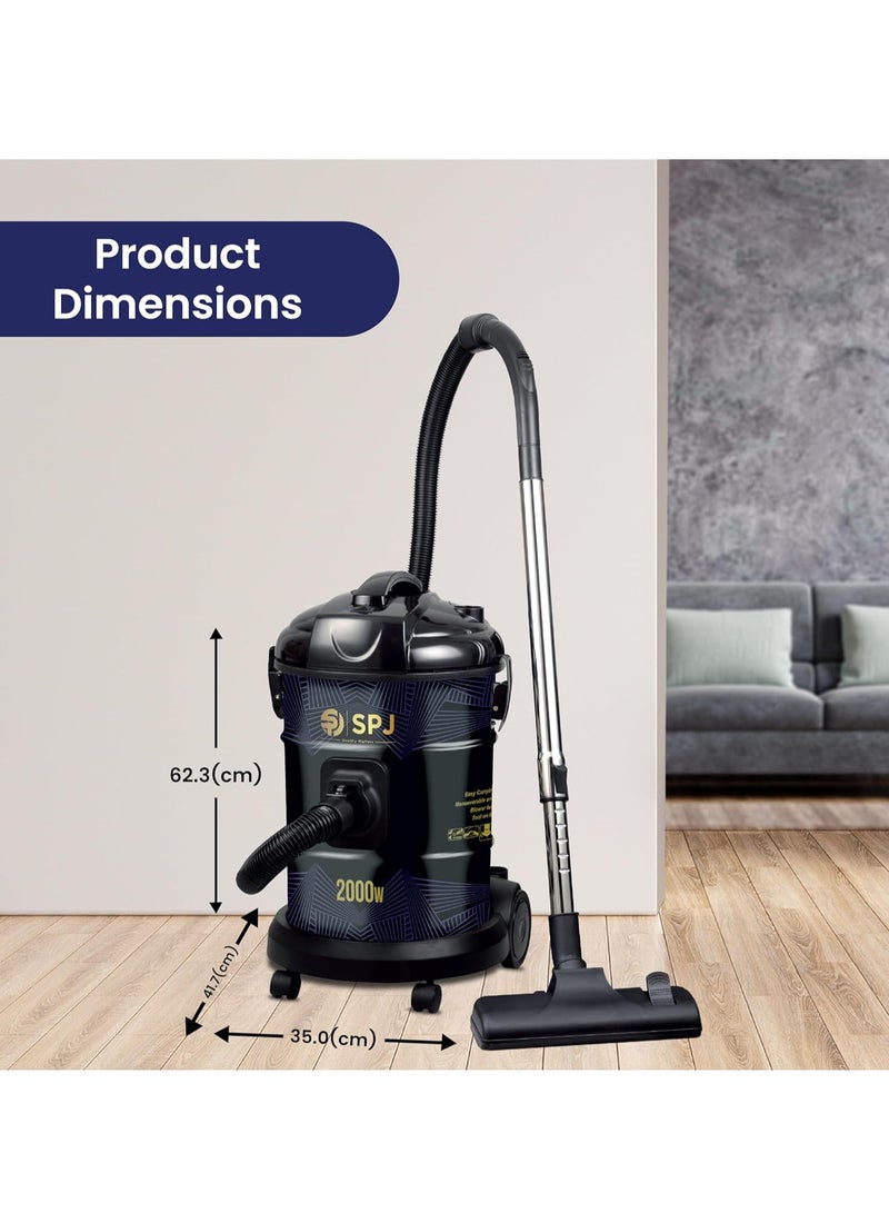 SPJ Vacuum Cleaner, 2000W Drum Vacuum Cleaner, 25L Capacity, 100% Copper Motor, Dust Full Indicator, Solid And Durable Iron Tank, Easy Parking Nozzle, Home & Office, BLACK, DVCW-BL25L02