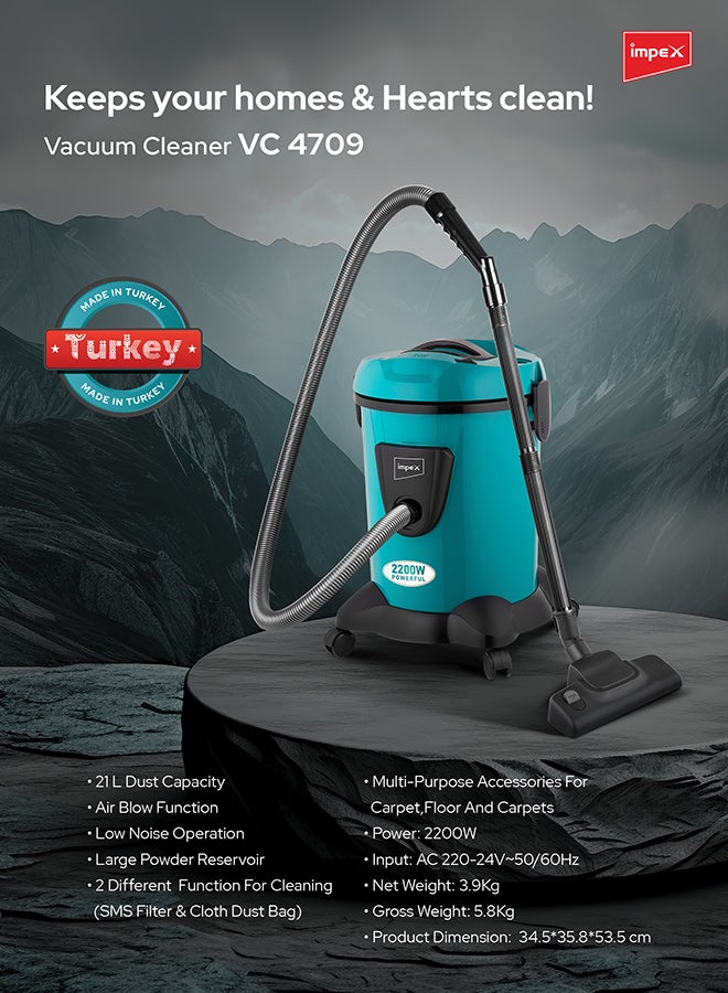 Turkish Vacuum Cleaner 21L Dust Bag Capacity With Dust Indicator, Dry And Air Blow Function And Low Noise Operation 21 L 2200 W VC 4709 Petroleum Green