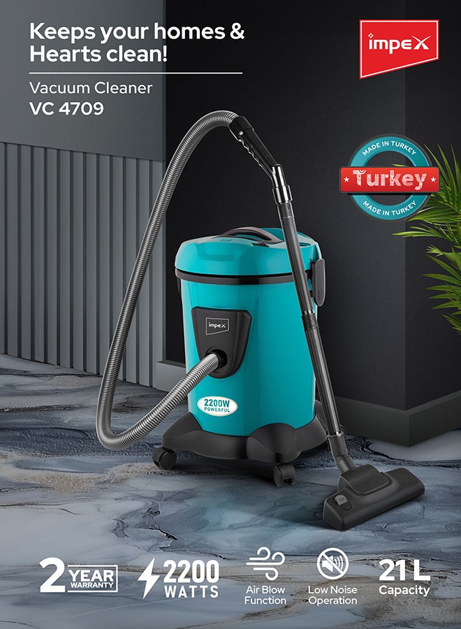 Turkish Vacuum Cleaner 21L Dust Bag Capacity With Dust Indicator, Dry And Air Blow Function And Low Noise Operation 21 L 2200 W VC 4709 Petroleum Green