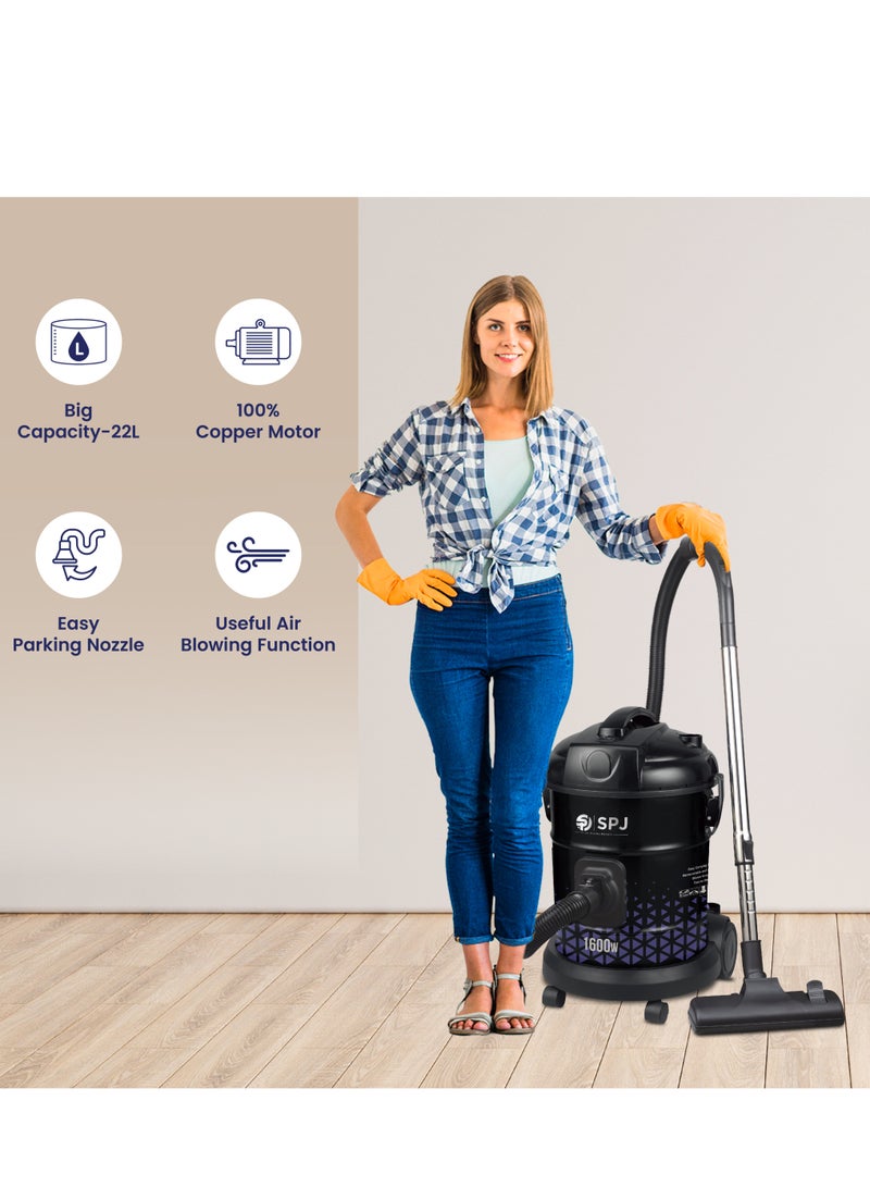 SPJ Vacuum Cleaner, 1600W Drum Vacuum Cleaner, 22L Capacity, 100% Copper Motor, Dust Full Indicator, Solid And Durable Iron Tank, Easy Parking Nozzle, Home & Office, BLACK, DVCW-BL22L01