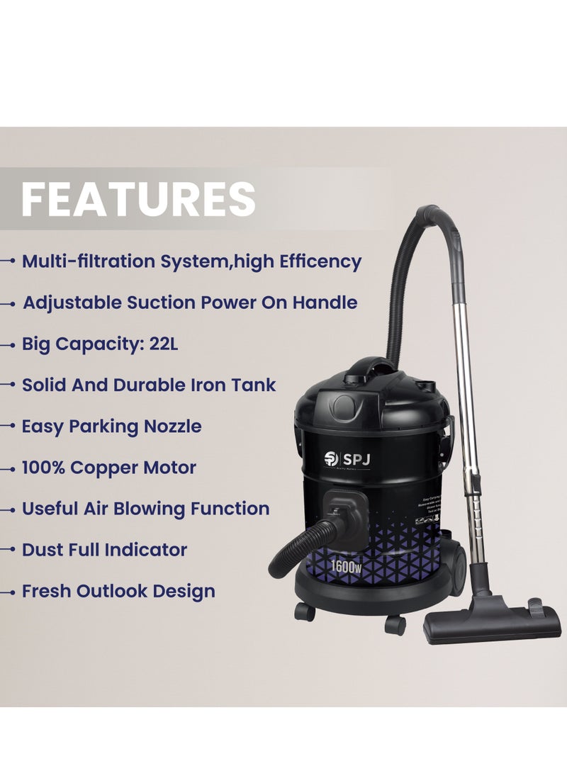 SPJ Vacuum Cleaner, 1600W Drum Vacuum Cleaner, 22L Capacity, 100% Copper Motor, Dust Full Indicator, Solid And Durable Iron Tank, Easy Parking Nozzle, Home & Office, BLACK, DVCW-BL22L01