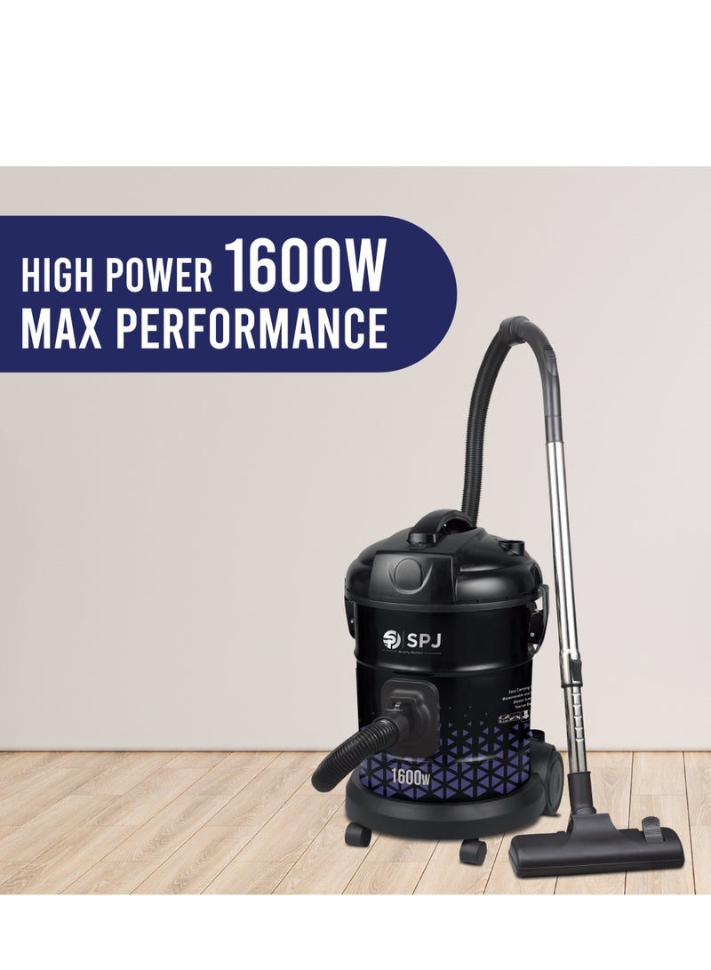 SPJ Vacuum Cleaner, 1600W Drum Vacuum Cleaner, 22L Capacity, 100% Copper Motor, Dust Full Indicator, Solid And Durable Iron Tank, Easy Parking Nozzle, Home & Office, BLACK, DVCW-BL22L01