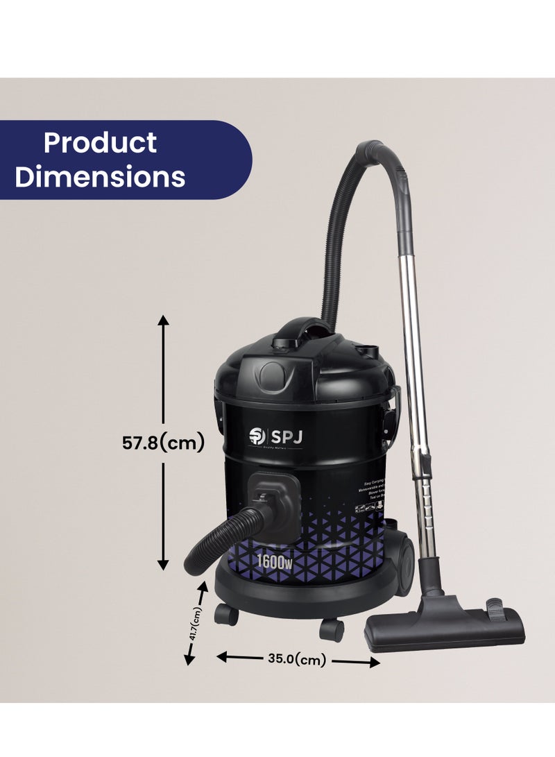 SPJ Vacuum Cleaner, 1600W Drum Vacuum Cleaner, 22L Capacity, 100% Copper Motor, Dust Full Indicator, Solid And Durable Iron Tank, Easy Parking Nozzle, Home & Office, BLACK, DVCW-BL22L01