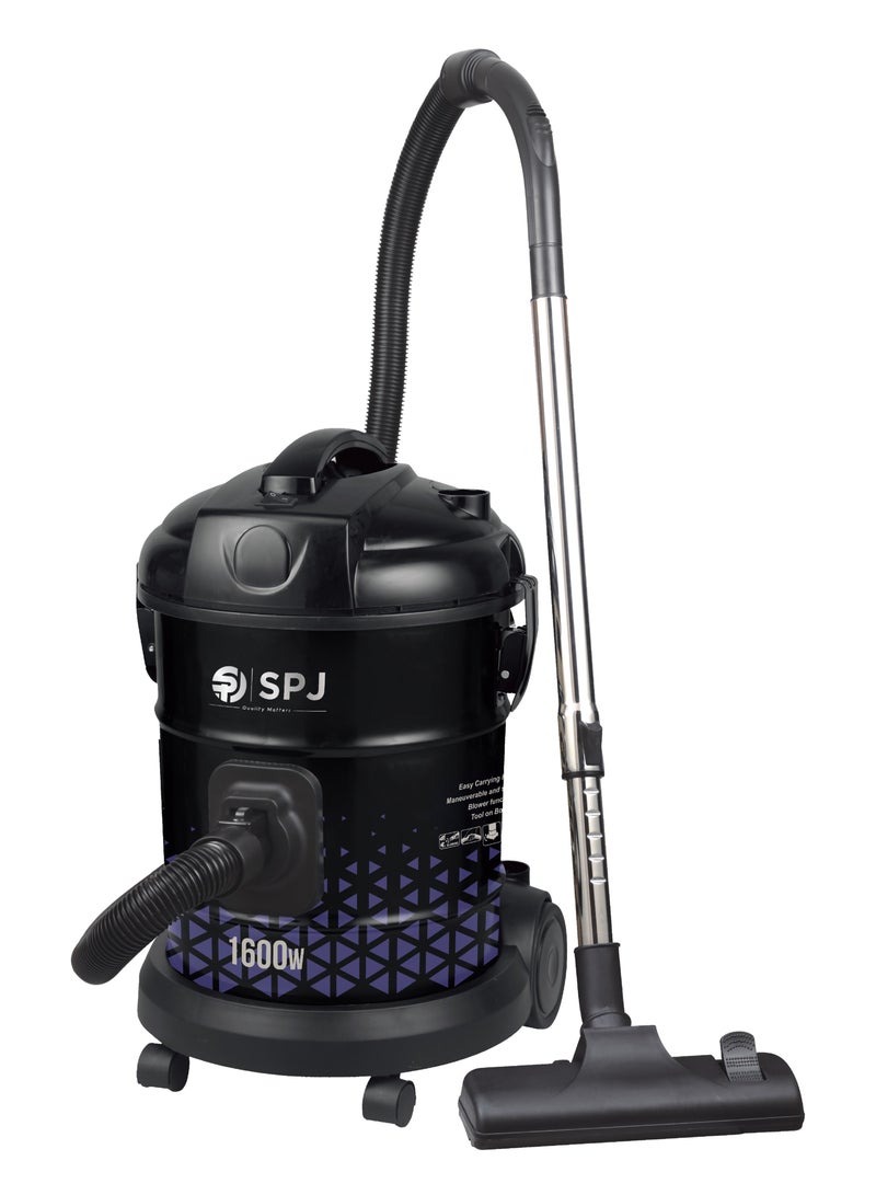 SPJ Vacuum Cleaner, 1600W Drum Vacuum Cleaner, 22L Capacity, 100% Copper Motor, Dust Full Indicator, Solid And Durable Iron Tank, Easy Parking Nozzle, Home & Office, BLACK, DVCW-BL22L01