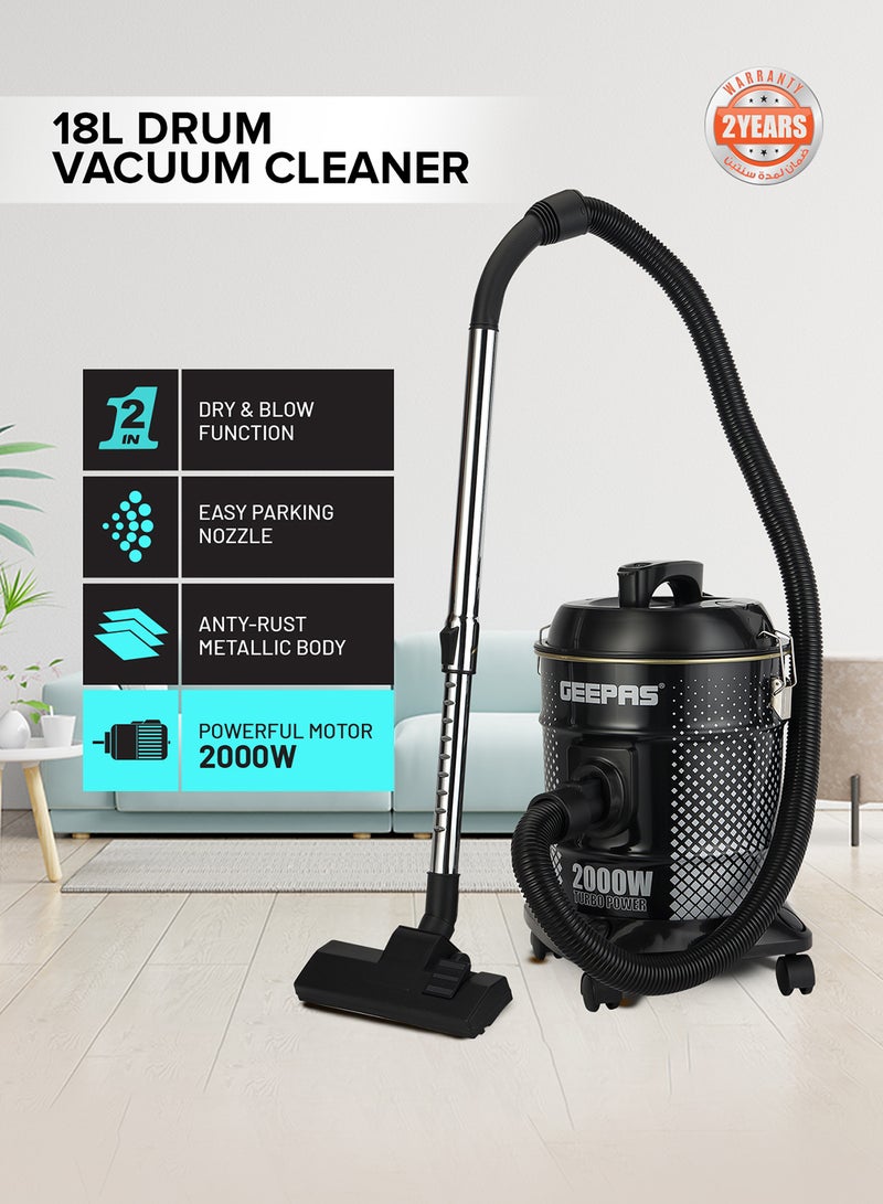 Drum Vacuum Cleaner- 18 L Dust Bag Capacity with Elegant Body, Metallic Tank/ Powerful Suction, Dry and Blow Function, Full Indicator/ Perfect for Home, Office, Apartments 18 L 2000 W GVC19045 Black, White