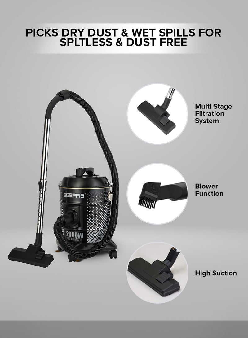 Drum Vacuum Cleaner- 18 L Dust Bag Capacity with Elegant Body, Metallic Tank/ Powerful Suction, Dry and Blow Function, Full Indicator/ Perfect for Home, Office, Apartments 18 L 2000 W GVC19045 Black, White