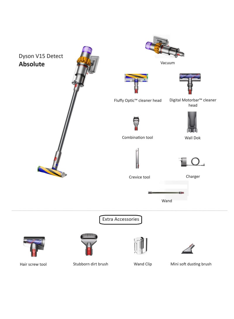 Detect Absoulute Cordless Vacuum Cleaner With 4 Extra Attachment 0.77 L 660 W V15 Absolute SV47 Yellow/Nickel