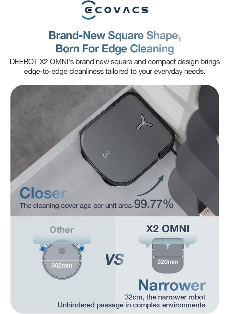 Deebot X2 Omni Wet and Dry Robot Vacuum Cleaner and Mop with Auto Empty and Auto Clean Station, Powerful 8000Pa Suction with 15mm Auto Lift Mopping, LIDAR and Hot Water Mop Washing 4 L 45 W X2 OMNI Black