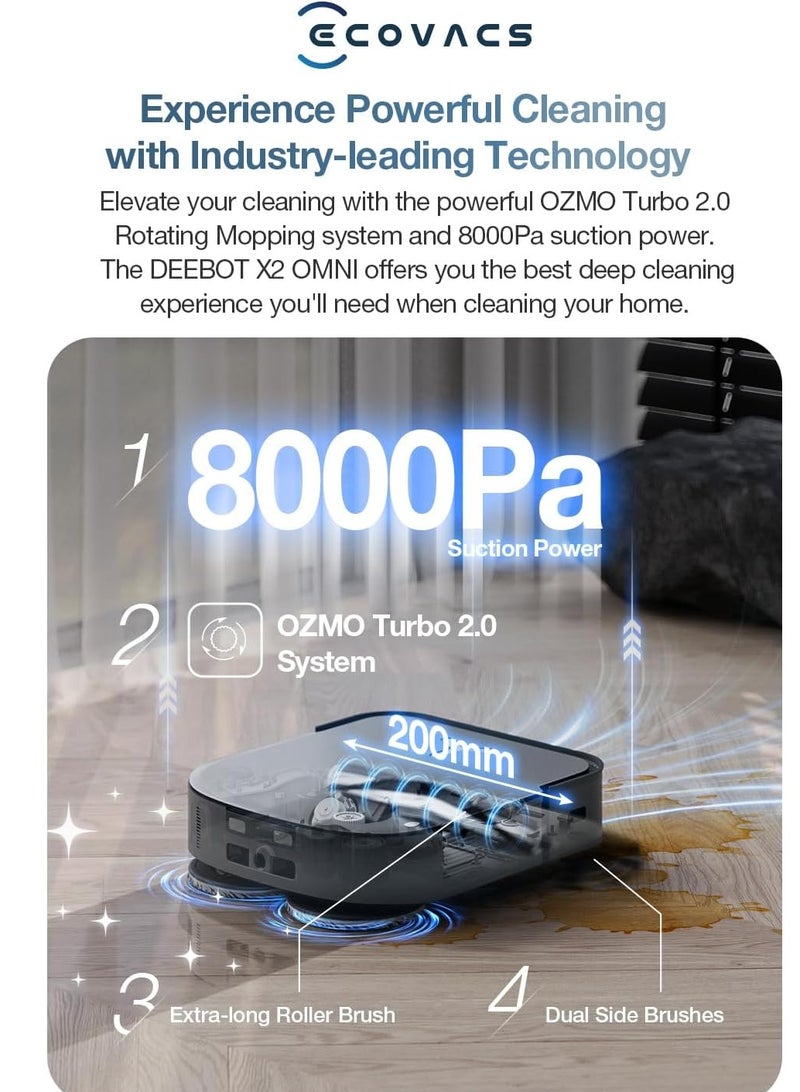 Deebot X2 Omni Wet and Dry Robot Vacuum Cleaner and Mop with Auto Empty and Auto Clean Station, Powerful 8000Pa Suction with 15mm Auto Lift Mopping, LIDAR and Hot Water Mop Washing 4 L 45 W X2 OMNI Black