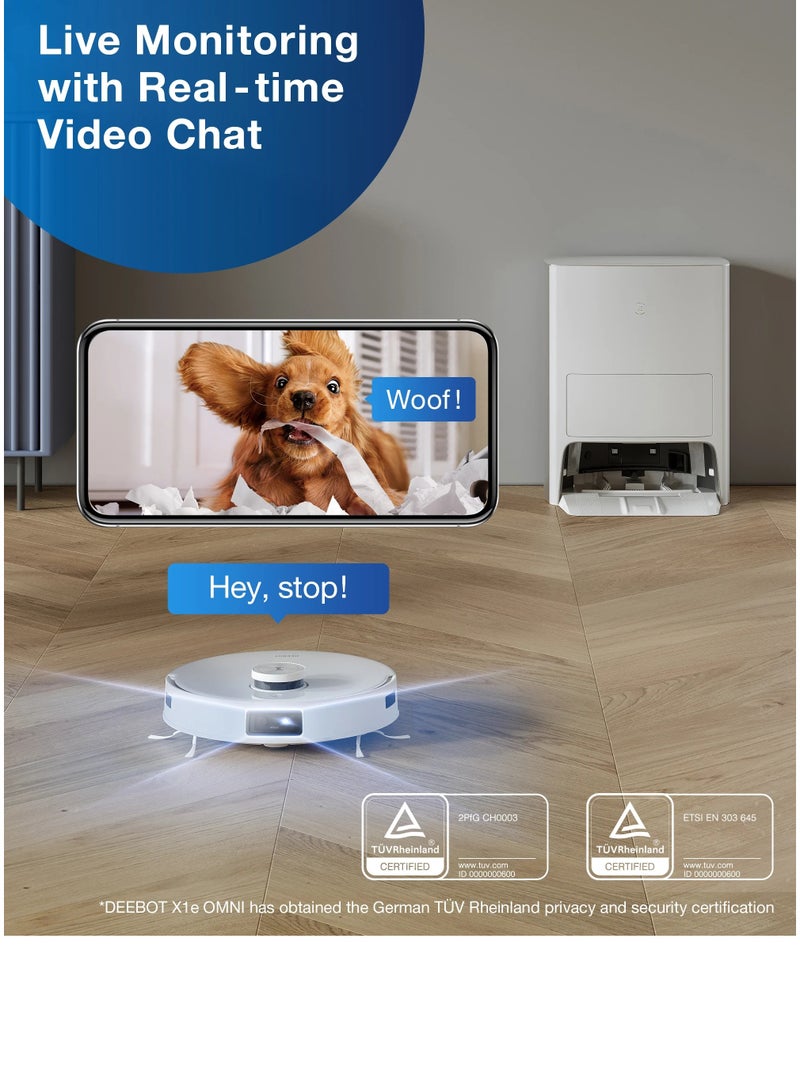 DEEBOT X1 e OMNI Robot Vacuum Cleaner, Auto Mop Washing/Hot Air Drying/Auto-Emptying, 260 min, 4300+ sqft, Dual Mops, 3D Maps, Live Monitoring & Video Call, OK YIKO Voice Interaction 4 L 50 W DBX53 White