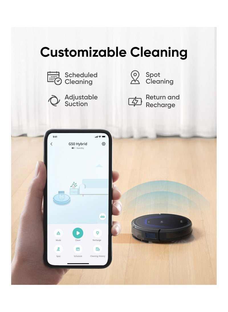 G50 Robot Vacuum With 4,000 Pa Powerful Suction, Dynamic Navigation And Pro Detangle Comb Roller Brush For Hair Cleaning, Mop Pad For Light Surface Cleaning, Perfect For Hard Floor, Pet Hair, Carpet 40 W T2212 Black