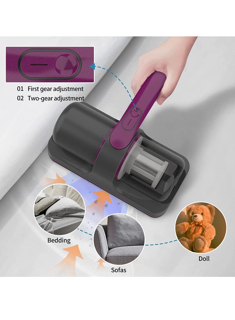 Bed Vacuum Cleaner, 12Kpa Powerful Mattress Vacuum Cleaner with 3 Filters, 2- speed Deep Sofa Vacuum Cleaner with Purple Light
