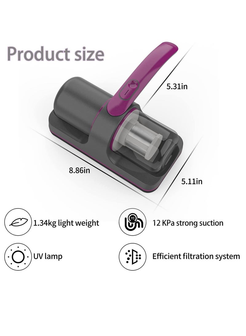 Bed Vacuum Cleaner, 12Kpa Powerful Mattress Vacuum Cleaner with 3 Filters, 2- speed Deep Sofa Vacuum Cleaner with Purple Light