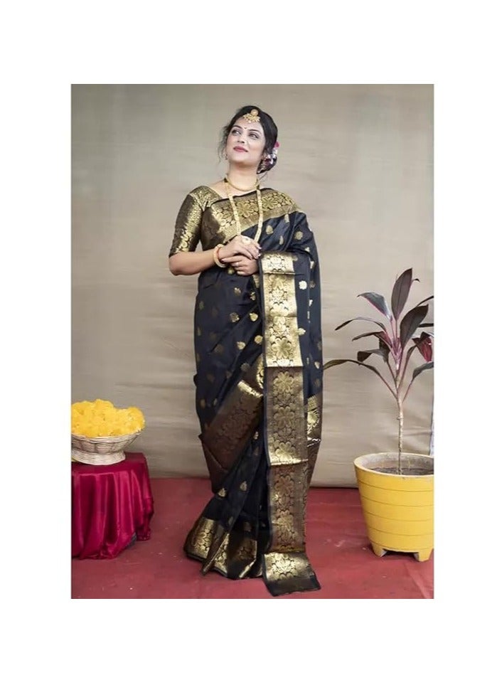 Women's Pure Banarasi Silk Saree Kanjivaram Style Saree With Blouse Piece For Wedding (Vruksh)