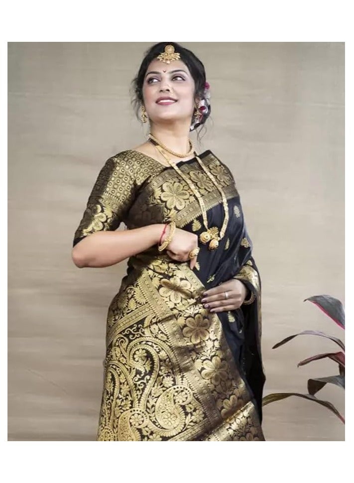 Women's Pure Banarasi Silk Saree Kanjivaram Style Saree With Blouse Piece For Wedding (Vruksh)