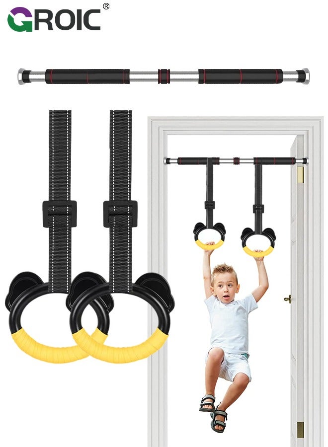 Pull Up Bar Chin Up Bar with Kids Gymnastic Rings, Adjustable 80~130 CM Door Horizontal Bars with Kids Gymnastic Rings Pull up Rings for Home Workout Gym Training Workout Bar Sport Fitness